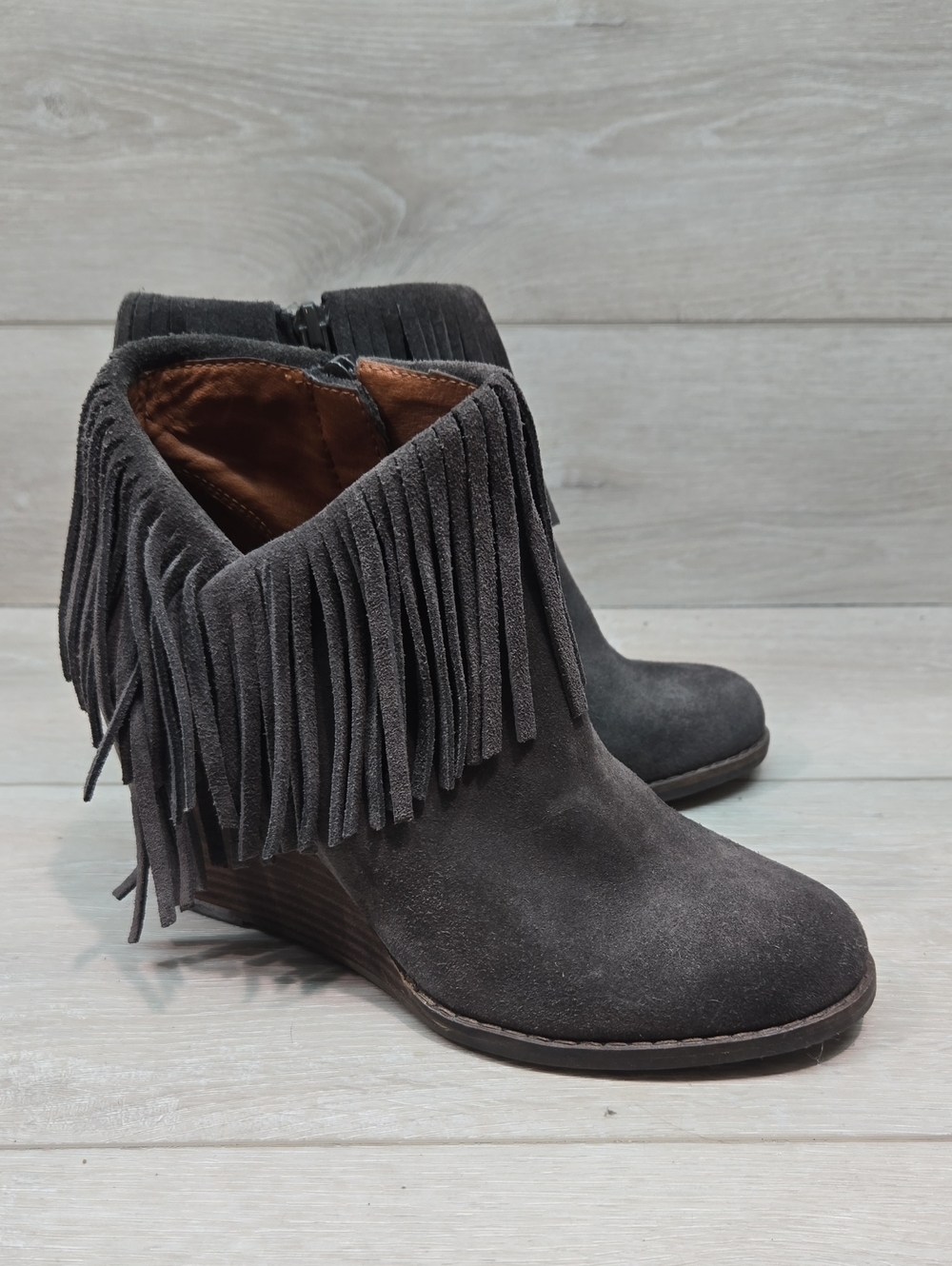 Lucky Brand Yuachin Women's Leather Fringe Suede Ankle Boots Shoes Sz 6.5M